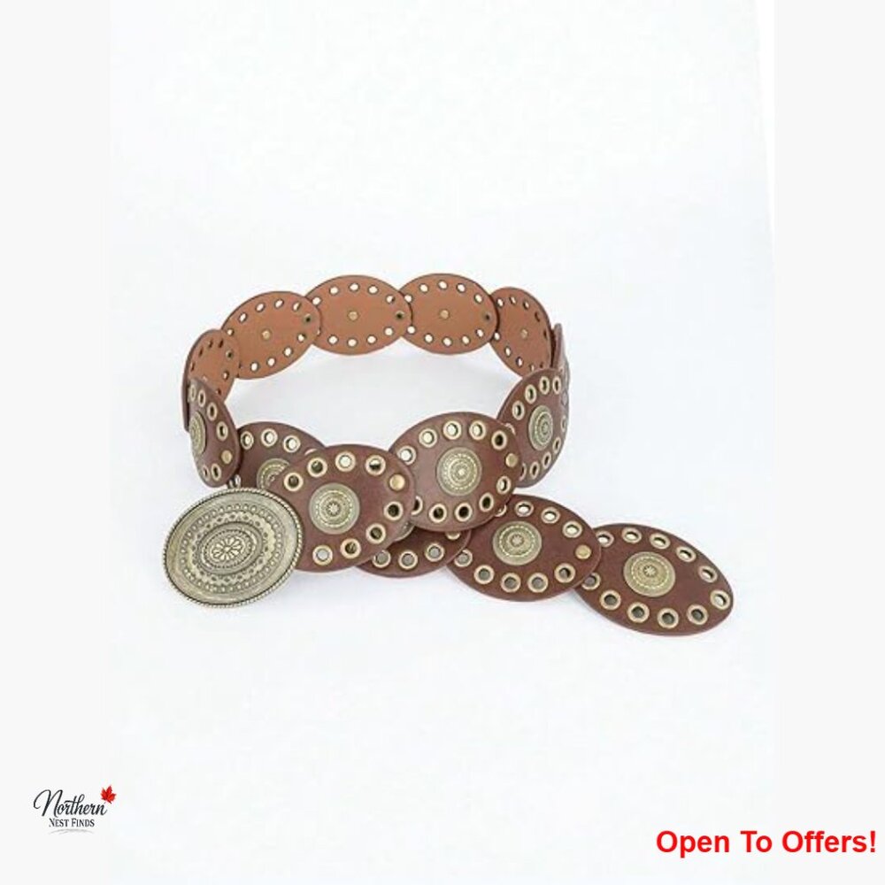 Wide Disc Belt with Vintage Concho Buckle in PU Leather - Picture 5 of 6